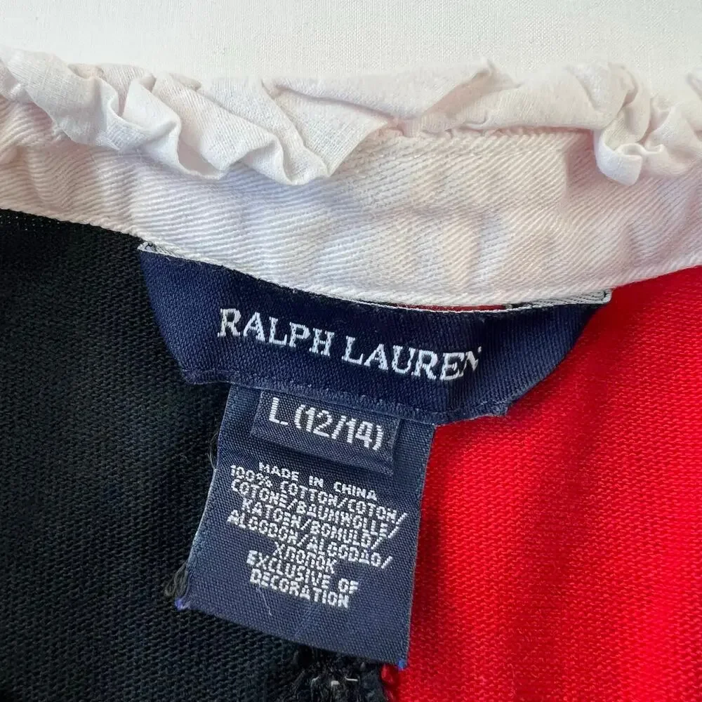 Ralph Lauren Girls Rugby Polo Shirt Red Black Block Size Large 12/14 LRL NY